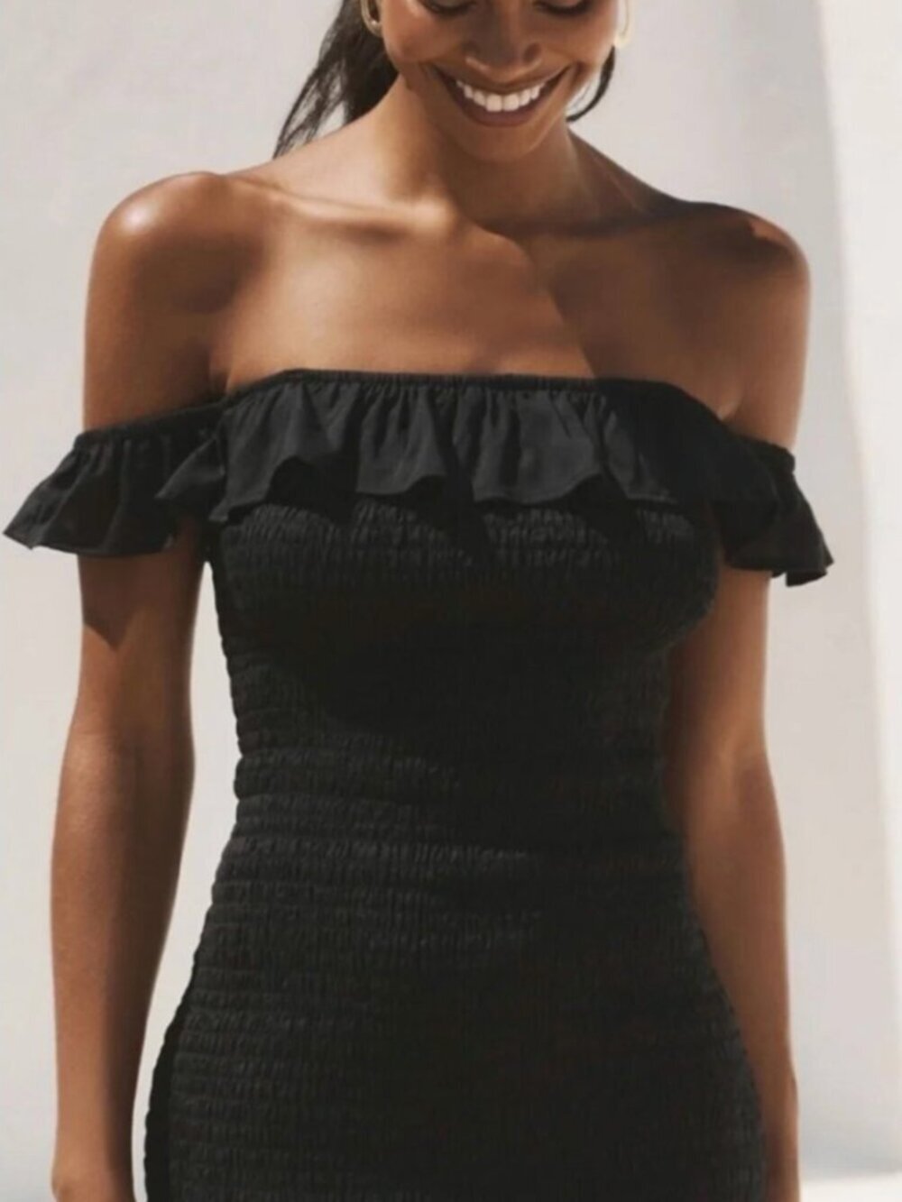 Anthropologie Black Smocked Ruffle Off-Shoulder Dress - Picture 4 of 15